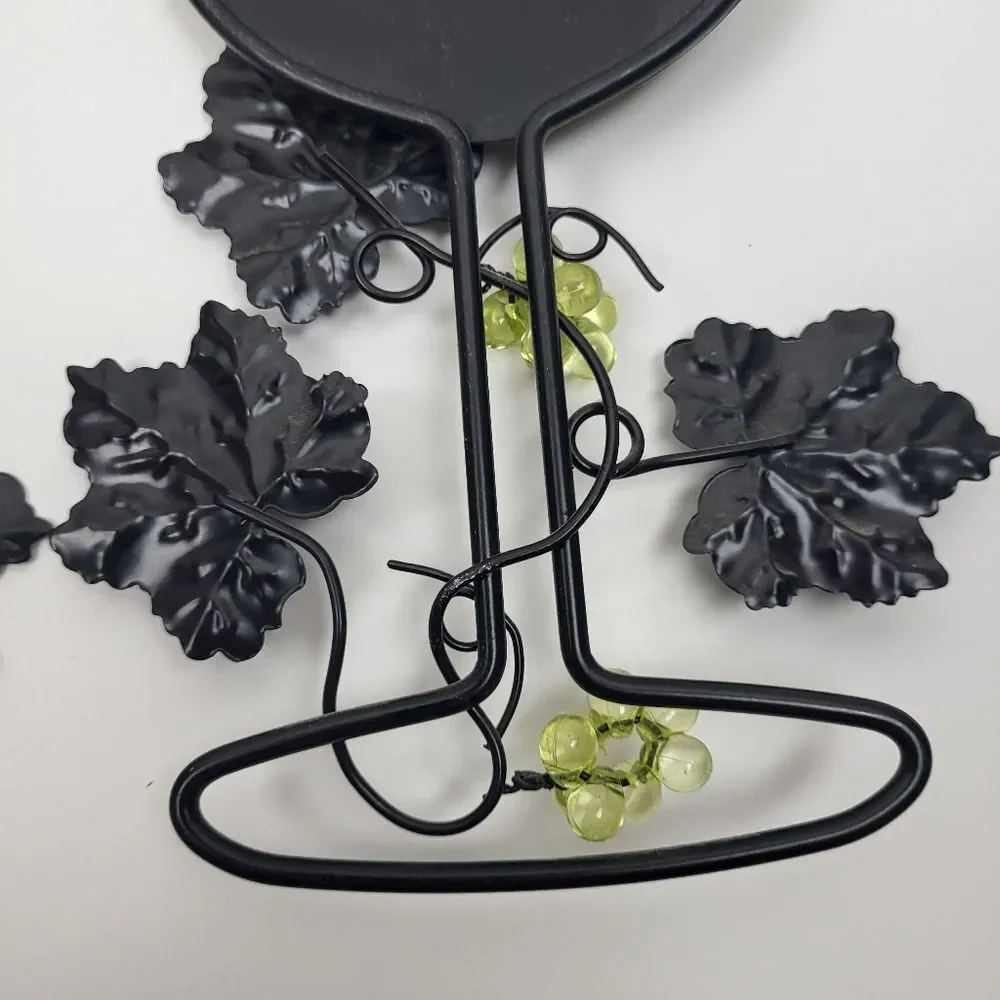 Metal Wine Glass Set, Hanging Wall Decor - Green, Black, Bronze, Leaves & Grapes
